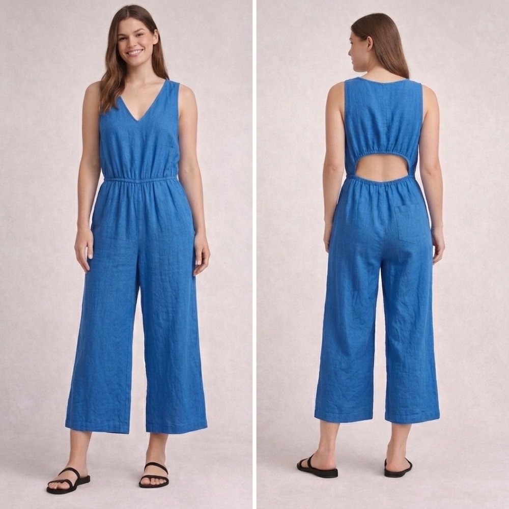 Organic Linen Cotton Jumpsuit Blue Boho Lagenlook Coastal Gauze Open Back Sz XL